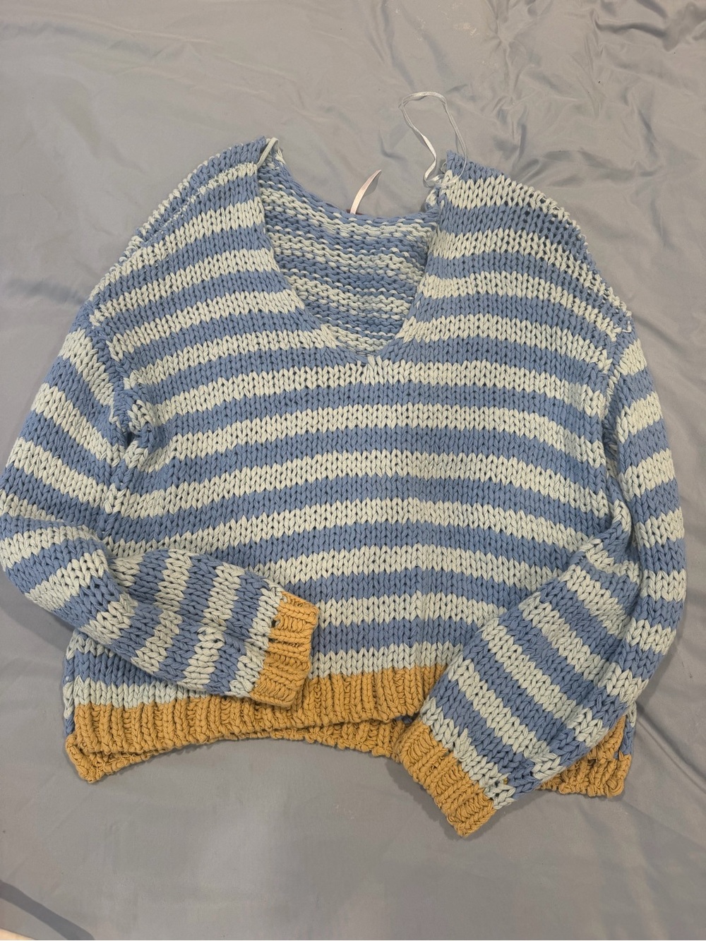 Free People Sky Blue, Cream & Mustard Striped V-Neck Sweater